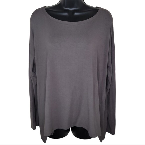 Eileen Fisher scoop neck long sleeve asymmetric hem shirt t-shirt Medium - Picture 1 of 5